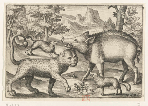 Leopard, wild boar and two dogs, Nicolaes de Bruyn, 1594 Canvas Print