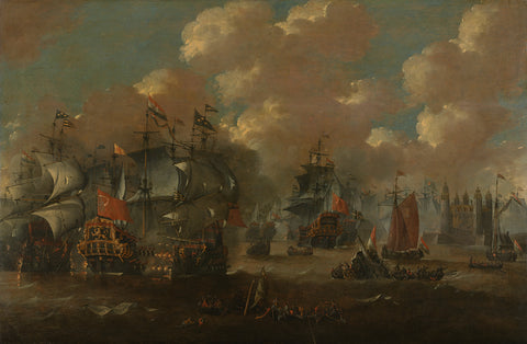 The Eendracht Engaging Two Swedish Warships During the Battle of the Sound, 1658, anonymous, c. 1670 Canvas Print