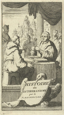 Discussion between Luther and a monk, Jan Luyken, 1681 Canvas Print