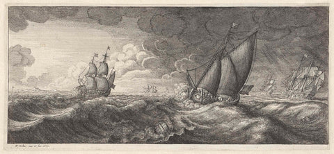 Sailing ship and three warships in a seastorm, Wenceslaus Hollar, 1665 Canvas Print