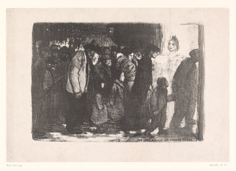 Poor people outside in line walk into an illuminated door, Théophile Alexandre Steinlen, 1895 Canvas Print