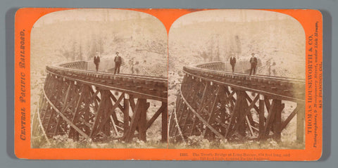 Two men on the 'Trestle Bridge' railway bridge over Long Ravine in California, part of the Central Pacific Railroad, Thomas Houseworth, 1871 - 1875 Canvas Print