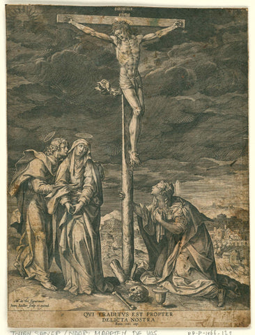 Christus aan het kruis, met Maria, Johannes en Maria Magdalena, Johann Sadeler (I), after c. 1575 - c. 1590 Canvas Print