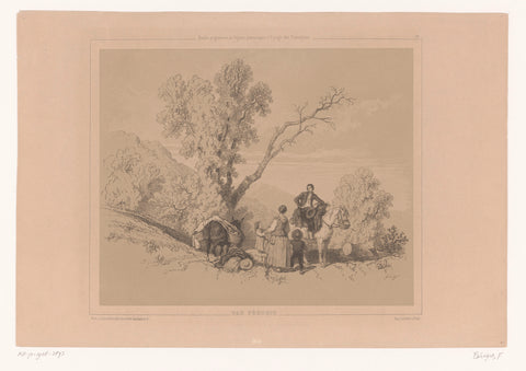 Resting family on a journey in a mountain landscape, Fortuné Férogio, 1846 Canvas Print