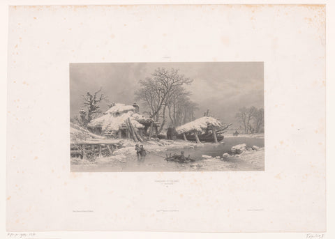 Winter landscape with farm and children on the ice, Fortuné Férogio, 1852 Canvas Print