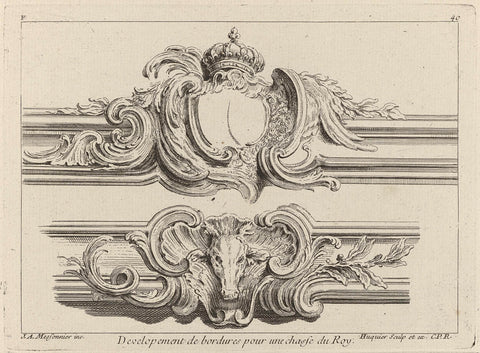 Coat of arms of the French king in a fragment of the edge around a portrait, Gabriel Huquier, Juste Aurèle Meissonnier, 1738 - 1749 Canvas Print