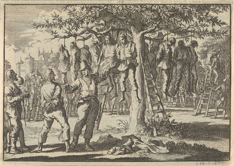 Captured peasants at Hasingen hung in a tree by the Swedes, 1633, Jan Luyken, 1698 Canvas Print