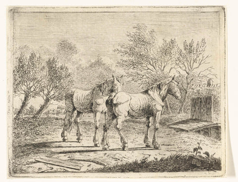 Meadow landscape with two horses at bridge and farm, Cornelis Bisschop (1762-1829), 1777 - 1828 Canvas Print