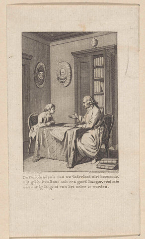 Man and a boy sitting at a table in a room, Reinier Vinkeles (I), 1783 - 1795 Canvas Print