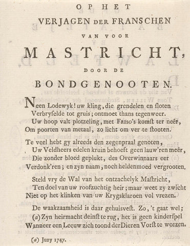 Vers op het verjagen van de Fransen voor Maastricht, 1747, anonymous, 1747 Canvas Print