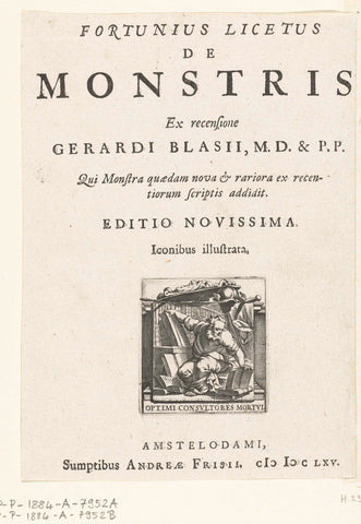 Title page for Fortunius Licetus, De Monstris, Amsterdam 1665, Andreas Frisius, 1665 Canvas Print