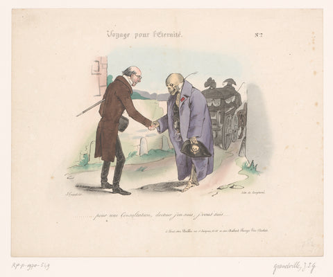 Doctor shakes hands with Death, Jean Ignace Isidore Gérard Grandville, 1830 Canvas Print