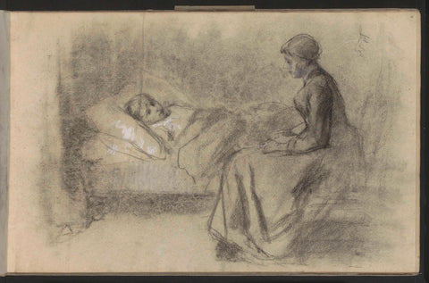 Woman sitting next to a child on a sick bed, Albert Neuhuys (1844-1914), 1854 - 1914 Canvas Print