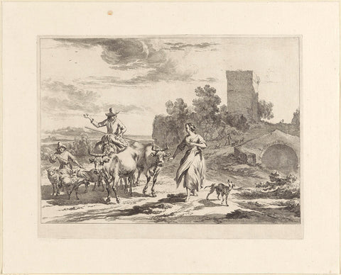 Shepherd on horseback and a boy with a herd, Jan de Visscher, 1643 - 1692 Canvas Print