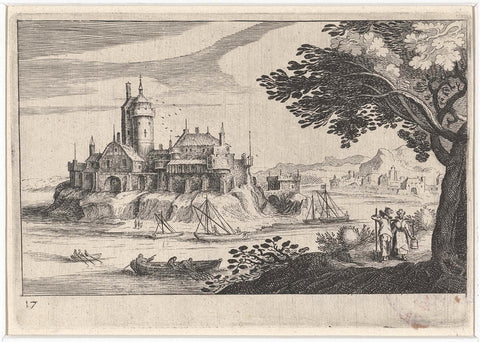 Hilly landscape with a castle on an island, Simon Frisius, 1611 Canvas Print