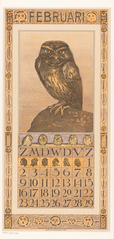 Calendar sheet February with owl, Theo van Hoytema, 1907 Canvas Print