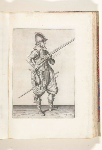 Soldier on guard who holds his rudder diagonally upwards at his right side, his finger on the tractor (no. 36), ca. 1600, Jacob de Gheyn (II) (workshop or), 1608 Canvas Print