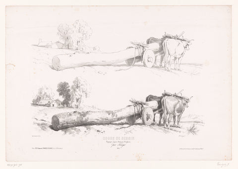 Two cattle pull a trunk on wheels, Fortuné Férogio, 1845 - 1846 Canvas Print