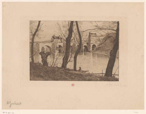 View of bridge at Mantes-la-Jolie, Henri Charles Guérard, c. 1883 Canvas Print