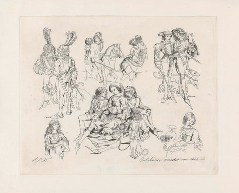 Study sheet with figures in medieval clothing, Hendrik Abraham Klinkhamer, 1820 - 1872 Canvas Print