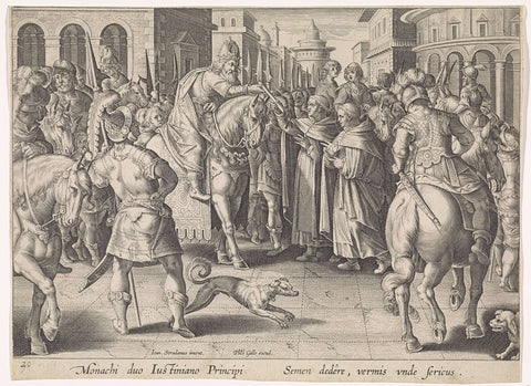 Emperor Justinian I receives the first silkworm eggs, Charles of Mallery, 1593 - 1597 Canvas Print