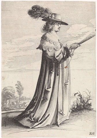 Standing woman with hat and fan, Pieter Nolpe, 1623 - 1653 Canvas Print