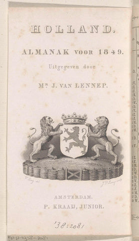 Title page for: Jacob van Lennep, Holland. Almanac before 1849, 1849, Johannes Philippus Lange, 1849 Canvas Print