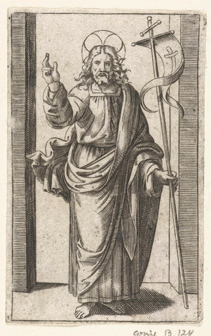 Christus met kruisvaandel maakt zegenend gebaar, Marcantonio Raimondi, 1517 - 1577 Canvas Print