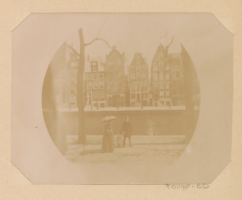 View from Herengracht 258, Amsterdam, on the sidewalk Lucia Wilhelmina Piek-Jolles with Stephan Piek and one of his children, Johanna Margaretha Piek (attributed to), 1889 - 1893 Canvas Print