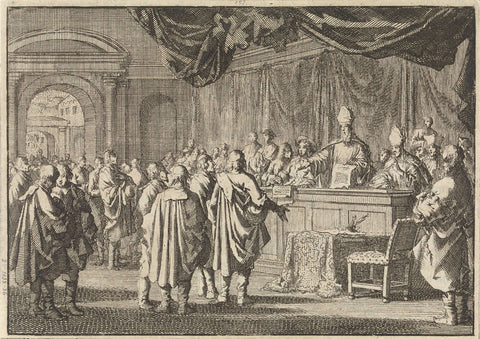 Reformed in Hungary before a court of bishops and other Roman catholics, 1670, Jan Luyken, 1698 Canvas Print