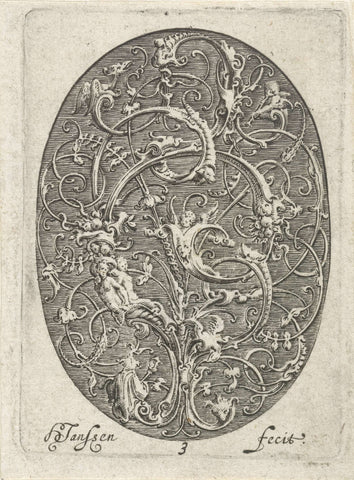 Oval with stylized tendrils in which figures are incorporated, Hans Janssen, c. 1615 - c. 1630 Canvas Print