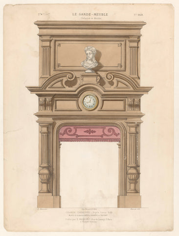 Fireplace with clock and bust in the Louis XIII style, Marcal, c. 1860 - c. 1880 Canvas Print