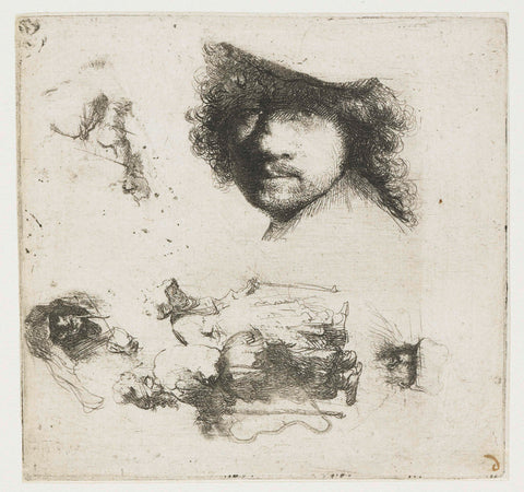 Sheet of studies: head of the artist, a beggar couple, heads of an old man and old woman, etc., Rembrandt van Rijn, 1632 Canvas Print