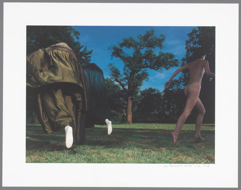 Two douillettes and a naked, running young woman with back tattoo in the garden of Slot Zuylen, Tom van Heel, 2000 - 2003 Canvas Print