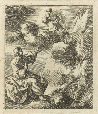 Man watches as Christ unhinges a piece of stone from a rock from the clouds with hammer and chisel, Jan Luyken, 1689 Canvas Print