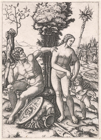 Mars and Venus as love couple with Amor, Marcantonio Raimondi, 1508 Canvas Print