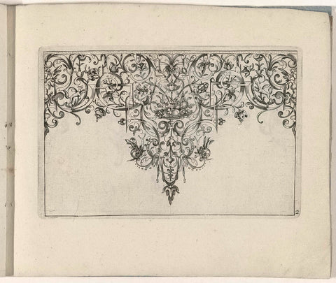 Ornament print with pointed with scrolls filled with flowers and at the bottom two snails, Master P.R.K., 1617 Canvas Print