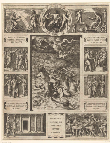 Jupiter calms the storm at sea in rectangular frame with nine scenes from epic Aeneid, Marcantonio Raimondi, 1515 - 1516 Canvas Print