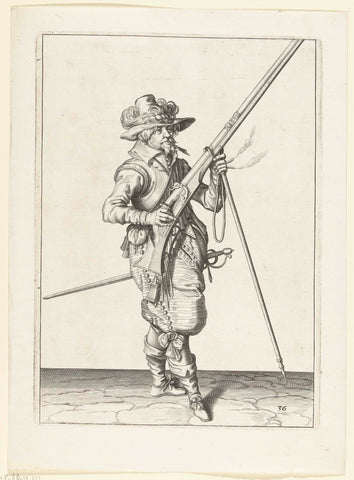 Soldaat op wacht die zijn musket met zijn rechterhand schuin omhoog gericht vasthoudt, terwijl hij de loop met zijn linkerhand op zijn furket plaatst, Jacob de Gheyn (II) (workshop of), 1597 - 1607 Canvas Print