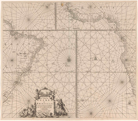 Pass map of the southern part of the Atlantic Ocean with the coasts of Africa and Brazil, Jan Luyken, 1683 - 1799 Canvas Print