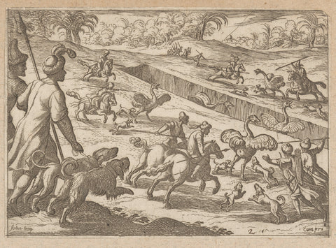 Hunters hunt ostriches in a pit, Antonio Tempesta, 1598 Canvas Print