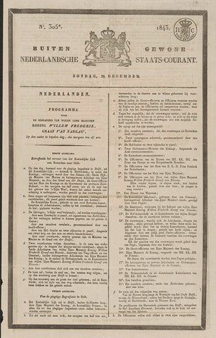 Extraordinary Nederlandsche Staats-Courant. Sunday, December 24th. No. 305*. 1843, Algemeene Landsdrukkerij, 1843 Canvas Print