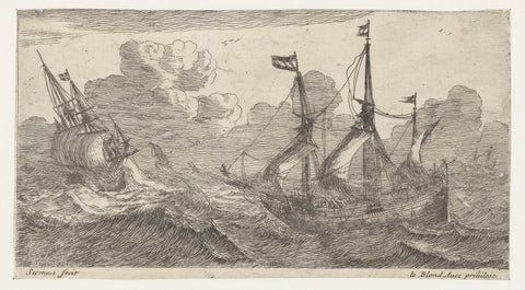 Sailing ships on rough seas, anonymous, 1650 - c. 1709 Canvas Print