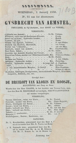 Program for the performance of the Gijsbrecht van Aemstel in the Amsterdamse Schouwburg on January 2, 1850, anonymous, 1850 Canvas Print