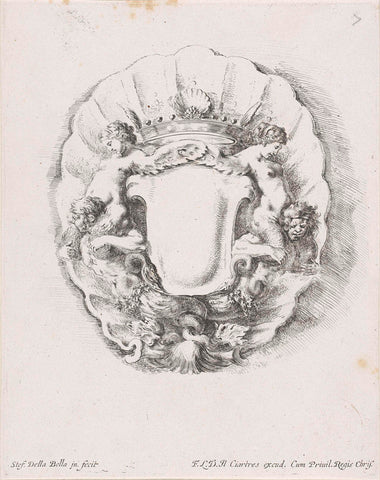 Cartouche with shell, crown and tritons with sirens on the shoulders, Stefano della Bella, 1646 Canvas Print