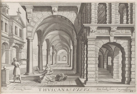 Colonnade with columns of the Tuscan order and sense of sight, Hendrick Hondius (I), 1620 Canvas Print