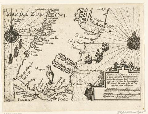 Map of the southern tip of South America with the Strait of Magellan, 1599-1600, Baptista of Doetechum, 1646 Canvas Print