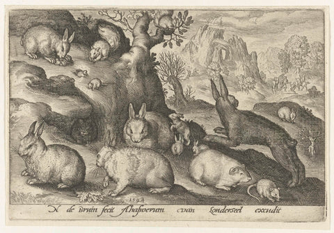 Rabbits, squirrel, guinea pig and mouse, Nicolaes de Bruyn, 1594 Canvas Print