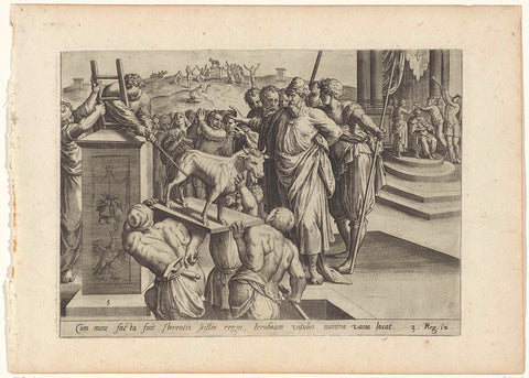 Jerobeam has two golden bull calves erected, Hans Collaert (I) (attributed to), 1585 Canvas Print