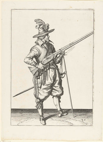 Soldaat op wacht die zijn musket bij zijn rechterzijde schuin omhoog gericht vasthoudt, zijn vinger aan de trekker, Jacob de Gheyn (II) (workshop of), 1597 - 1607 Canvas Print